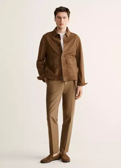 Mango 100% Leather Jacket With Pockets In Medium Brown