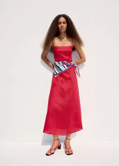 Mango 100% Linen Dress With Stitching Detail In Red