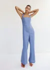 Mango Solid Linen Halter Jumpsuit In Blue