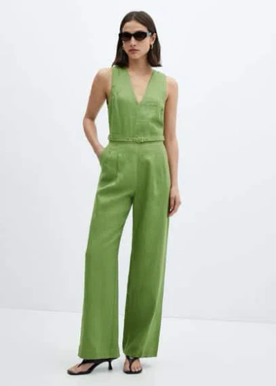 Mango Belt Linen Jumpsuit Green