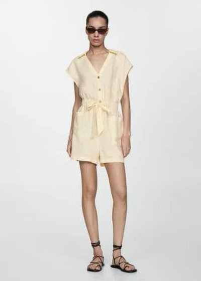 Mango Short Linen Jumpsuit With Bow Pastel Yellow