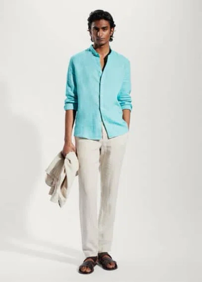 Mango T-shirt Col Tunisien Maille In Aqua Green