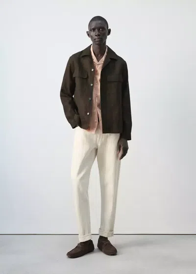 Mango 100% Linen Overshirt With A Bowling Collar In Brown
