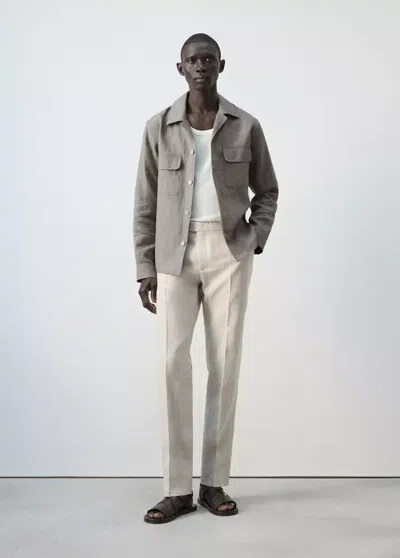 Mango 100% Linen Overshirt With A Bowling Collar In Gray