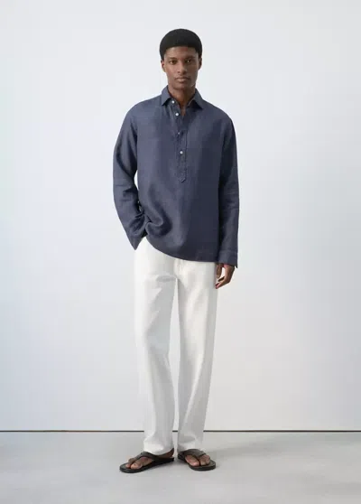 Mango 100% Linen Polo Shirt In Indigo Blue