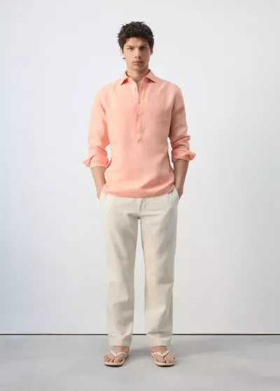 Mango 100% Linen Polo Shirt In Salmon
