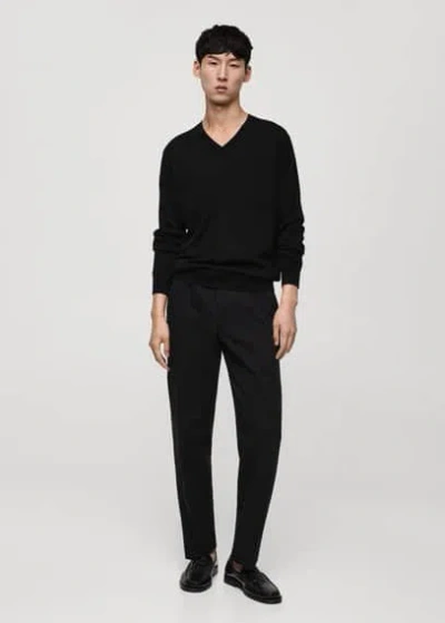 Mango 100% Merino Wool V-neck Jumper Black In Noir