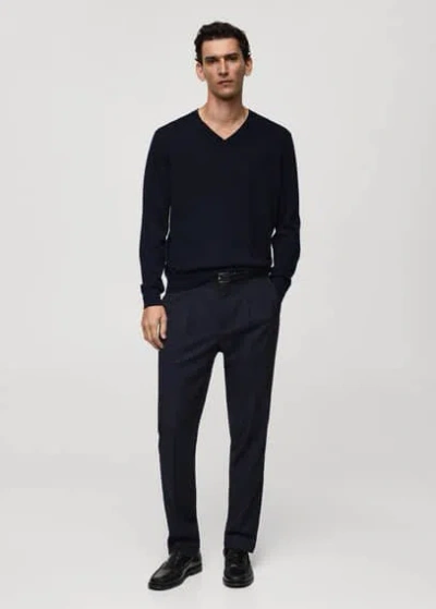 Mango 100% Merino Wool V-neck Jumper Dark Navy In Bleu Marine Foncé