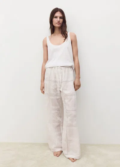 Mango 100% Ramie Embroidered Trousers White