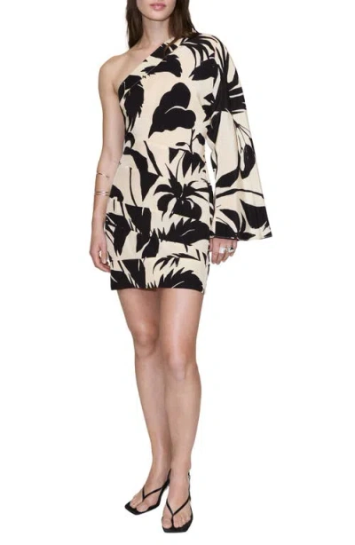 Mango Abstract Leaf Print One Shoulder Minidress In Multi