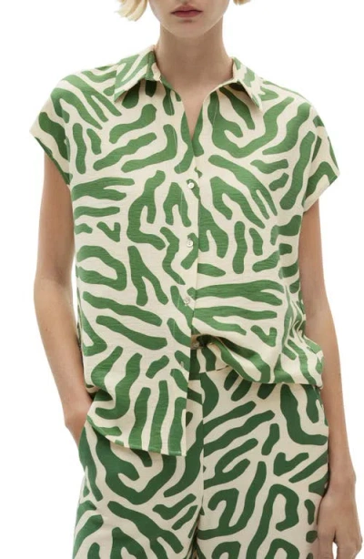 Mango Abstract Print Cap Sleeve Button-up Shirt In Green
