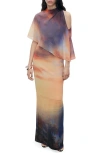 Mango Abstract Print Cape Detail Gown
