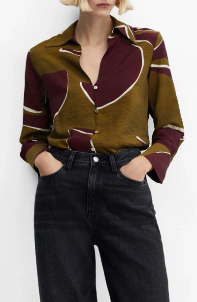 Mango Abstract Print Satin Button-up Shirt In Burgundy