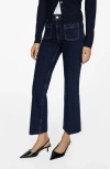 Mango Alex Raw Hem Patch Pocket Crop Flare Jeans In Dark Blue