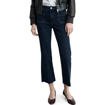Mango Alex Raw Hem Patch Pocket Crop Flare Jeans In Dark Blue