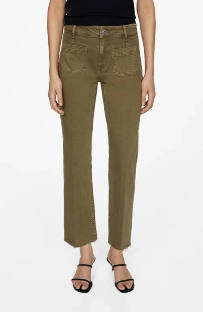 Mango Alex Raw Hem Patch Pocket Crop Flare Jeans In Khaki Green