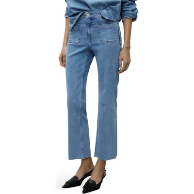Mango Alex Raw Hem Patch Pocket Crop Flare Jeans In Medium Blue