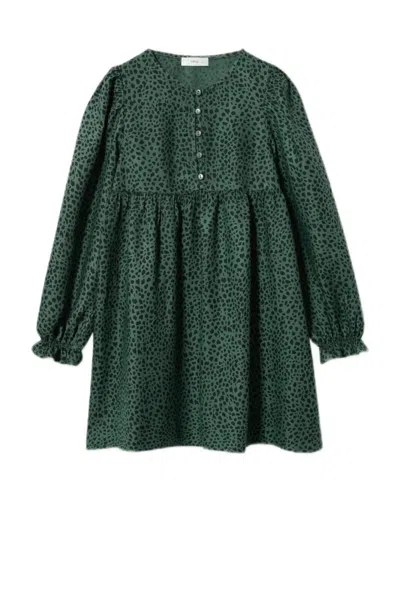 Mango A-line Dress Kid Green Leopard Print Pleated Long Sleeve Pullover Jdm596 In Multi