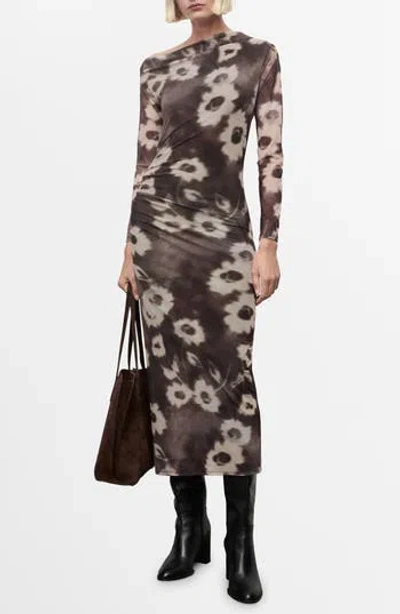 Mango Amaia One-shoulder Long Sleeve Body-con Midi Dress In Brown