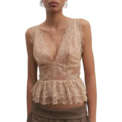 Mango Amor Plunge Neck Ruffle Trim Lace Top In Brown