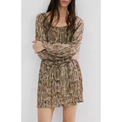 Mango Animal Print Long Sleeve Minidress In Brown