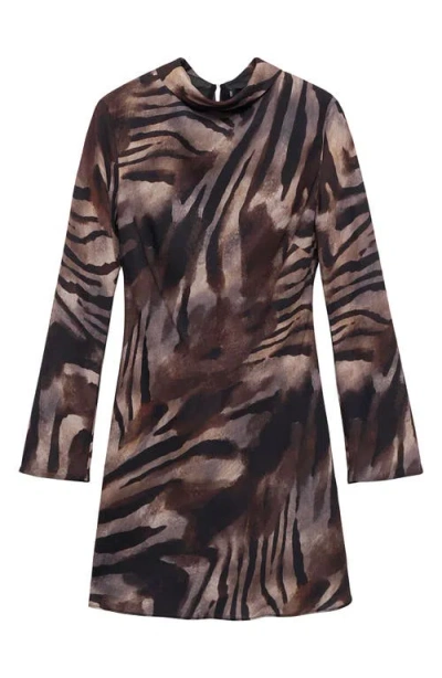 Mango Animal Print Long Sleeve Satin Minidress In Brown