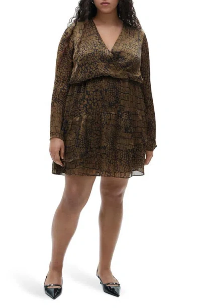 Mango Animal Print Ruffle Long Sleeve Dress In Brown
