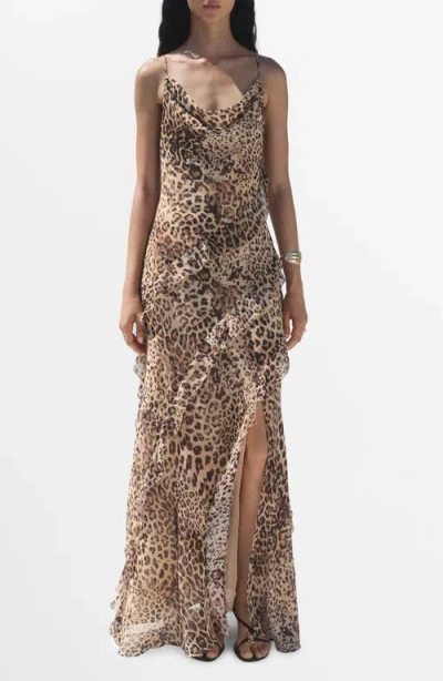Mango Animal Print Ruffle Slipdress In Neutral