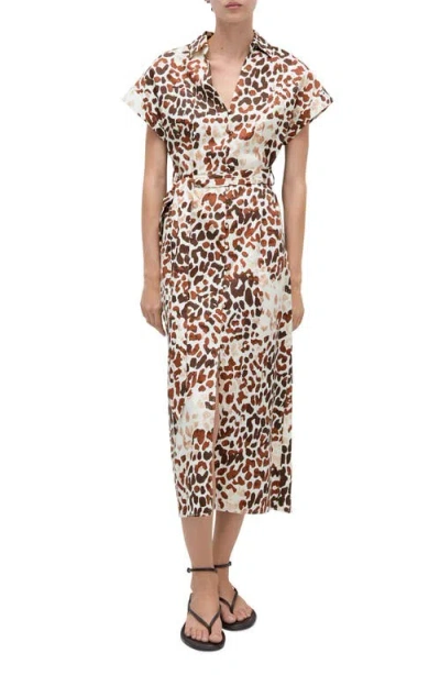 Mango Animal Print Tie Waist Midi Shirtdress In Ecru