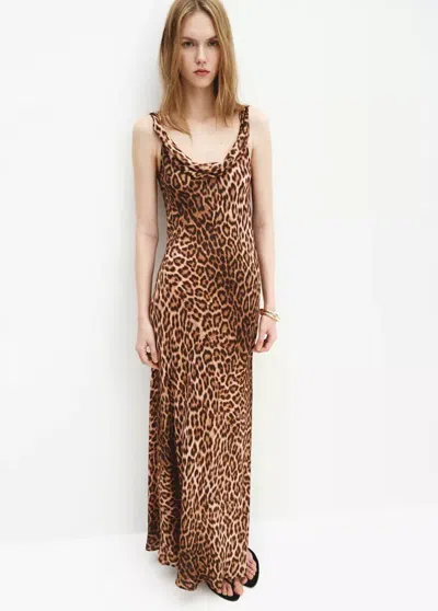 Mango Animal-print Dress With Draped Neckline In Beige