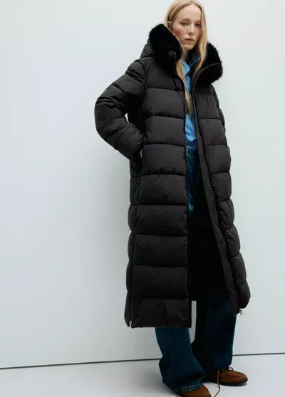 Mango Anorak Matelassé Capuche Fausse Fourrure In Noir