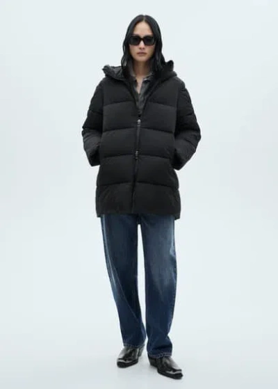 Mango Hood Quilted Coat Black In Noir