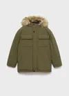 Mango Kids' Anorak With Shearling-effect Hood Khaki In Green