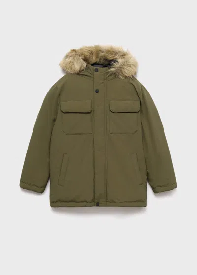 Mango Kids' Anorak With Shearling-effect Hood Khaki In Green
