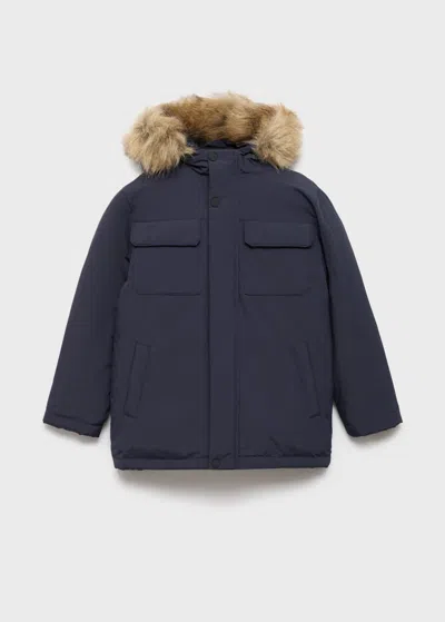 Mango Kids' Anorak With Shearling-effect Hood Navy In Blue