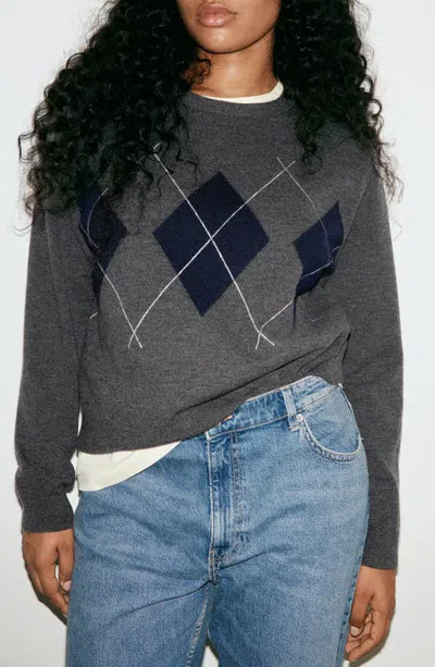 Mango Argyle Crewneck Sweater In Gray