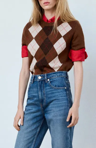 Mango Argyle Short Sleeve Sweater In Brown
