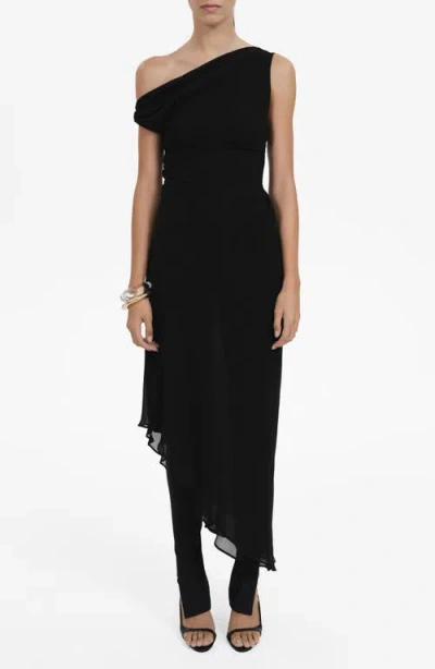 Mango Asymmetric Drape Midi Dress In Black