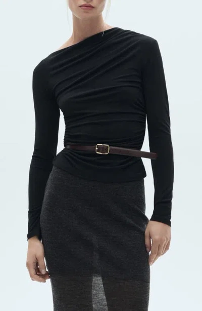Mango Asymmetric Gathered Long Sleeve Top In Black