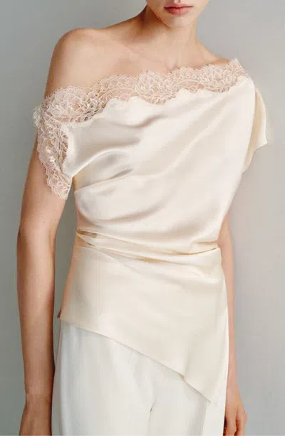 Mango Asymmetric Lace & Satin Shirt In Neutral