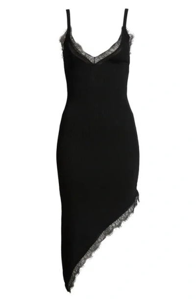 Mango Asymmetric Lace Trim Rib Sweater Dress In Black