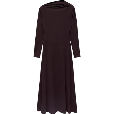 Mango Asymmetric Neck Long Sleeve Midi Dress In Brown