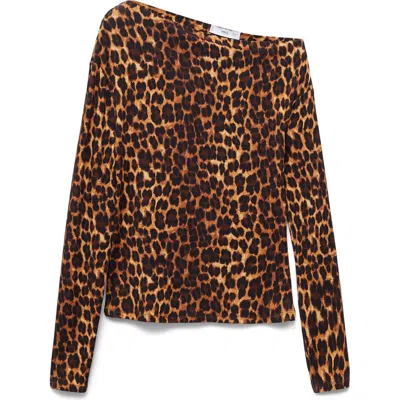 Mango Asymmetric Off The Shoulder Long Sleeve Top In Animal Print