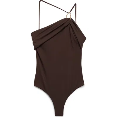 Mango Gold Ring Detail Ruched One-shoulder Swimsuit In Brown