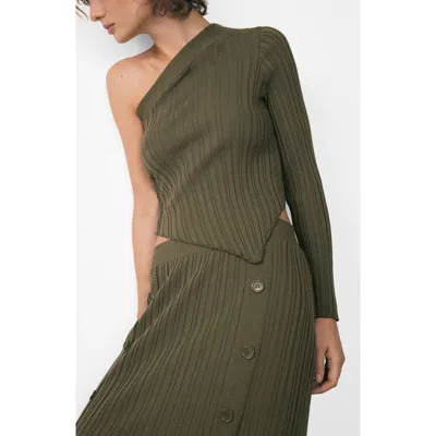 Mango Asymmetric One-shoulder Rib Sweater In Khaki Green