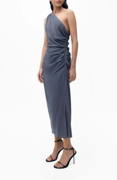 Mango Asymmetric Ruched Dress In Indigo Blue