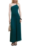 Mango Asymmetric Smocked One-shoulder Midi Dress In Green