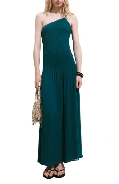 Mango Asymmetric Smocked One-shoulder Midi Dress In Green