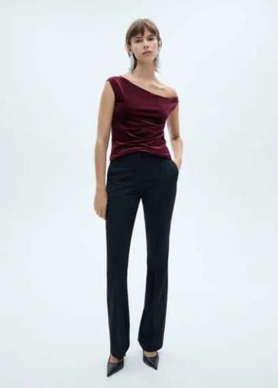 Mango Asymmetric Velvet Top Burgundy