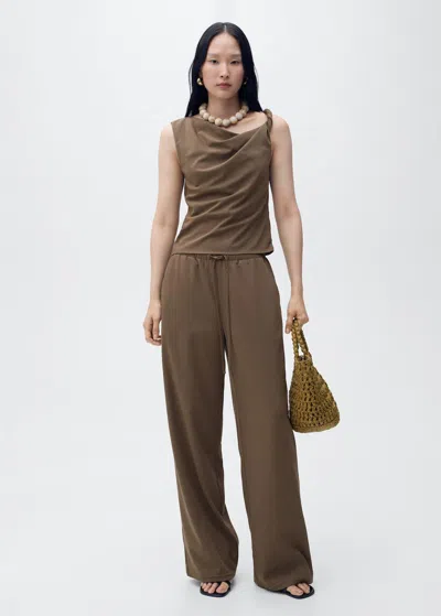 Mango Asymmetrical Draped Strap Top Brown